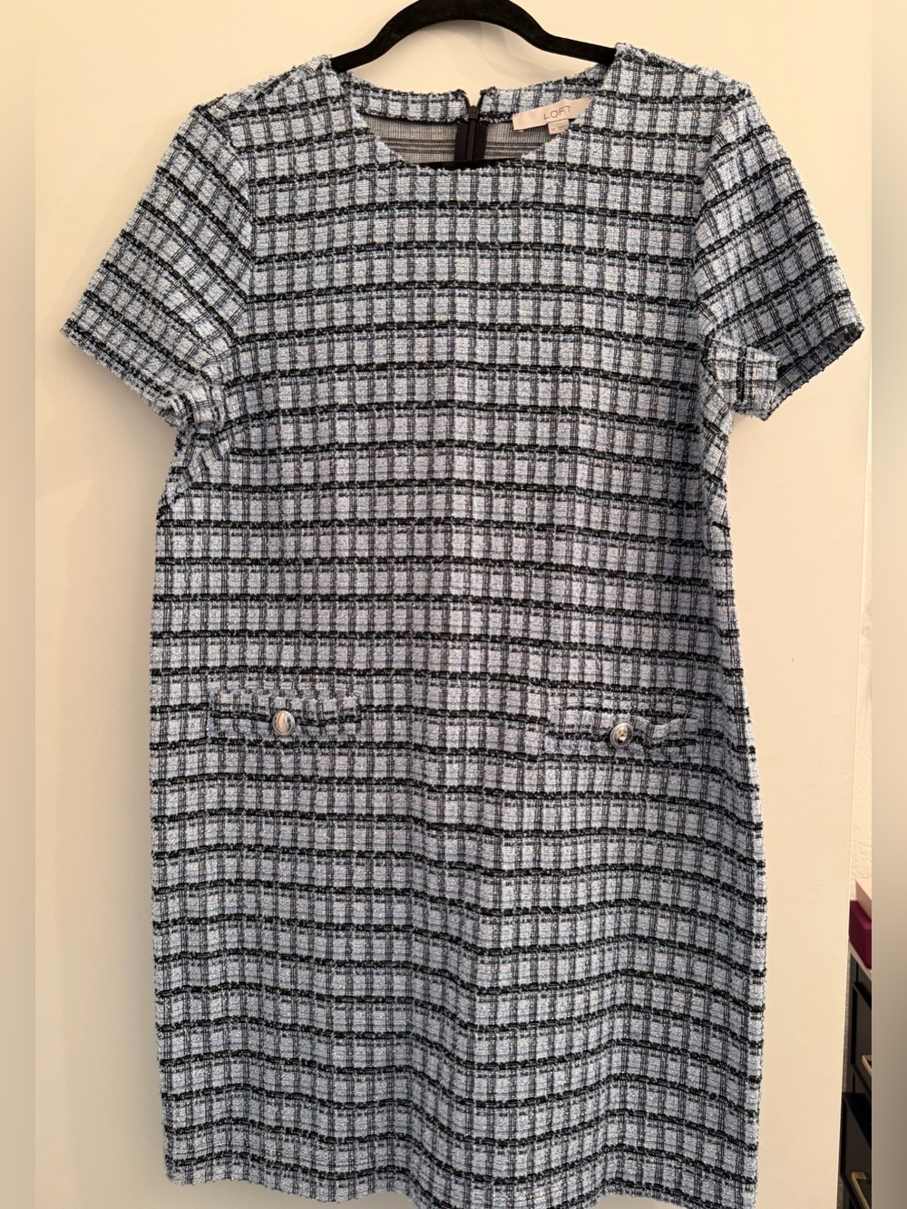 LOFT Light Blue and Black Check Tweed Shift Dress